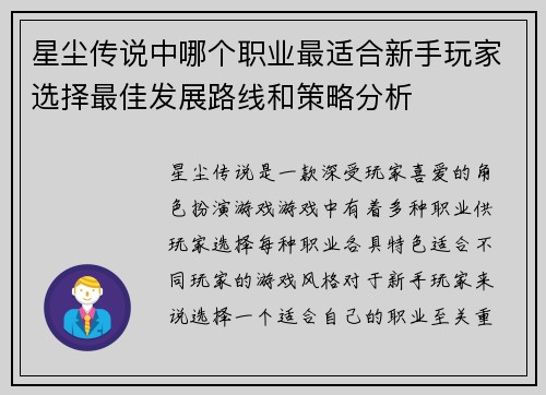 星尘传说中哪个职业最适合新手玩家选择最佳发展路线和策略分析